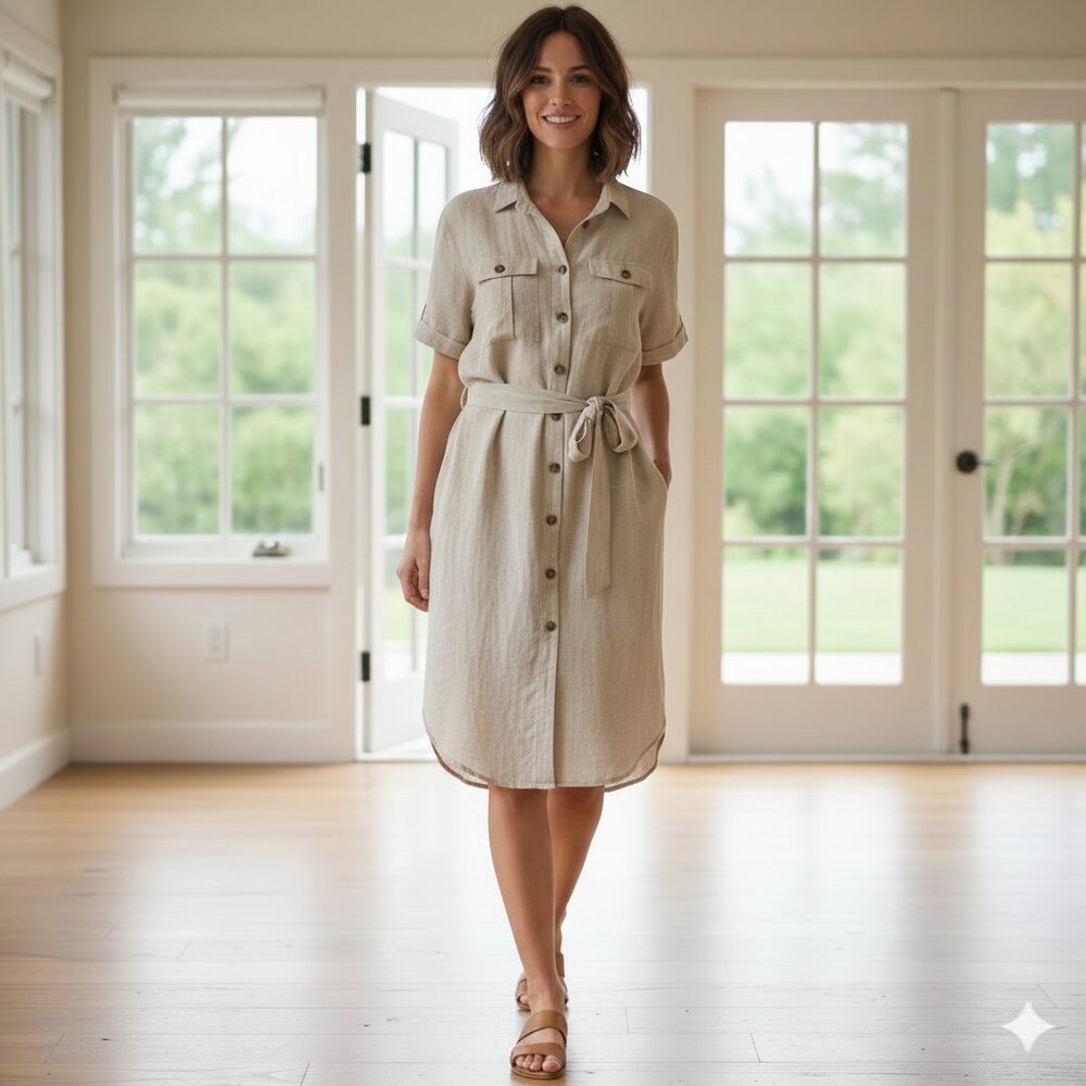 🌟 KAFFE Gorgeous unique belted shirt dress in linen color US 6 Euro 38